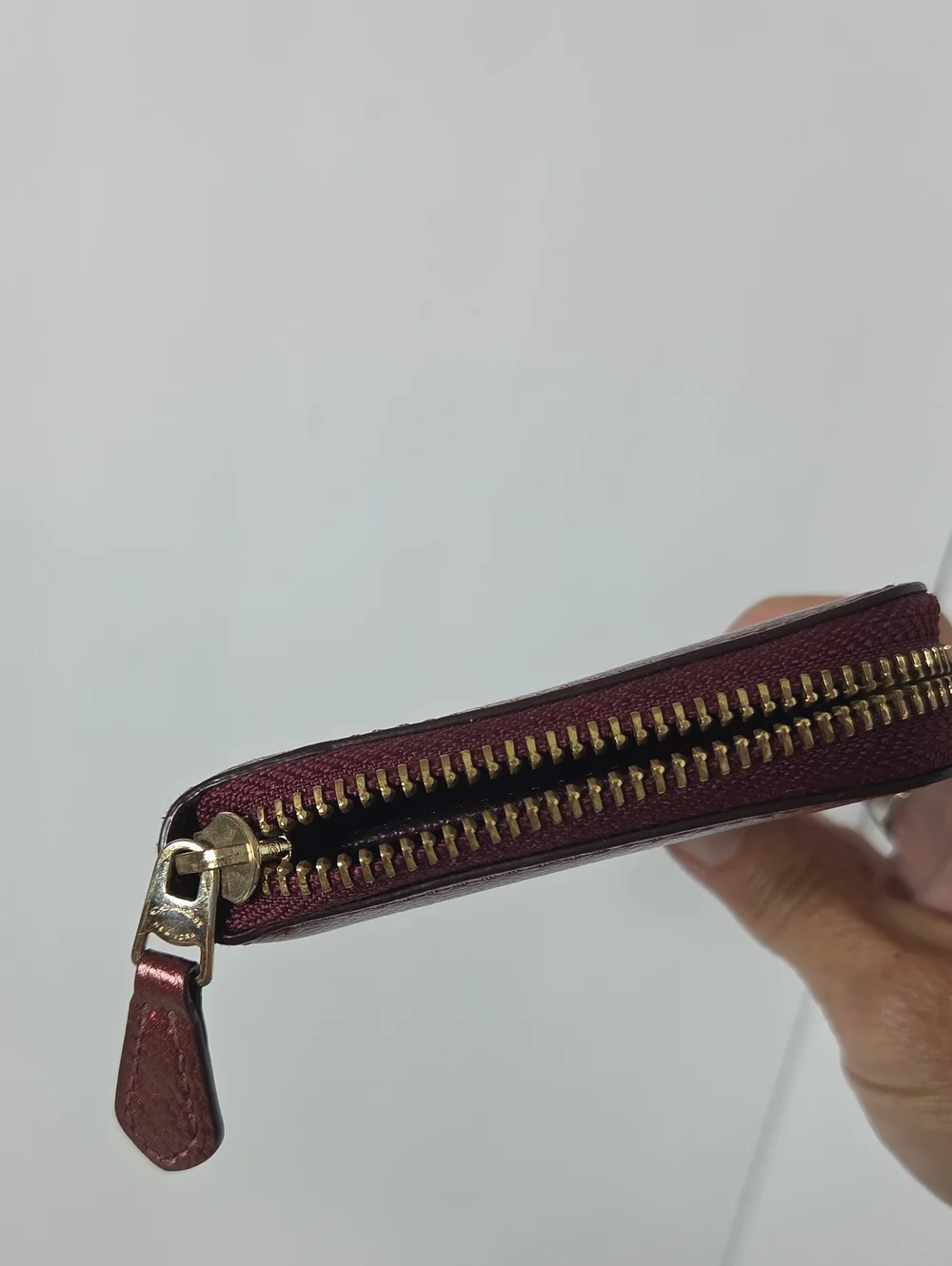 coach f54007 accordian zip around wallet metallic cherry wine front card pocket